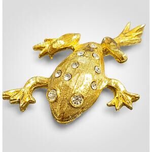 Vintage Rhinestone Frog Brooch Brushed Gold Tone Figural Pin ab1-61